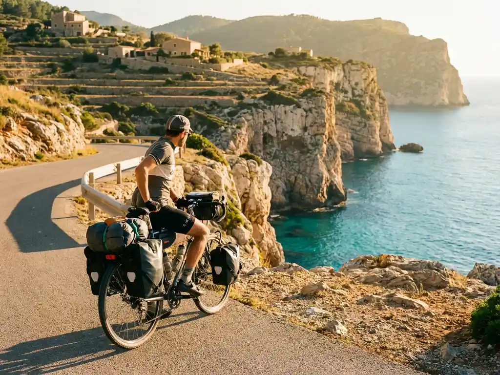 Cyclist with touring bicycle and gear bags pauses on coastal road overlooking Mediterranean cliffs in Mallorca, Spain.