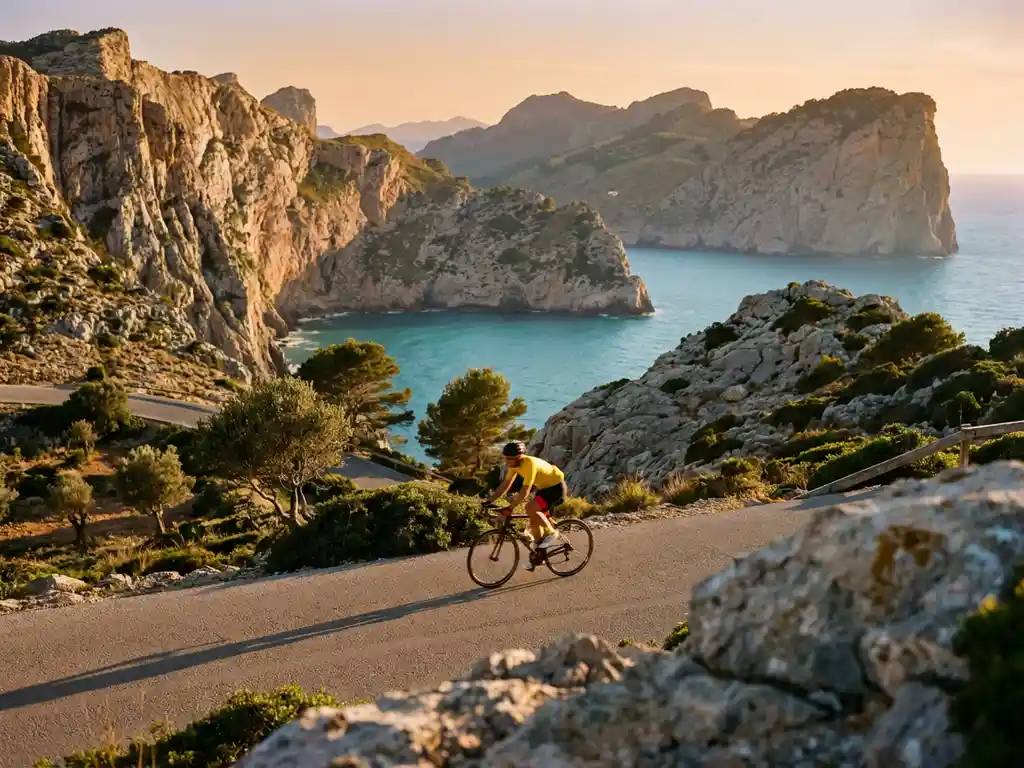 Road cyclist in bright gear pedaling along winding coastal road through limestone cliffs above turquoise Mediterranean Sea in Mallorca