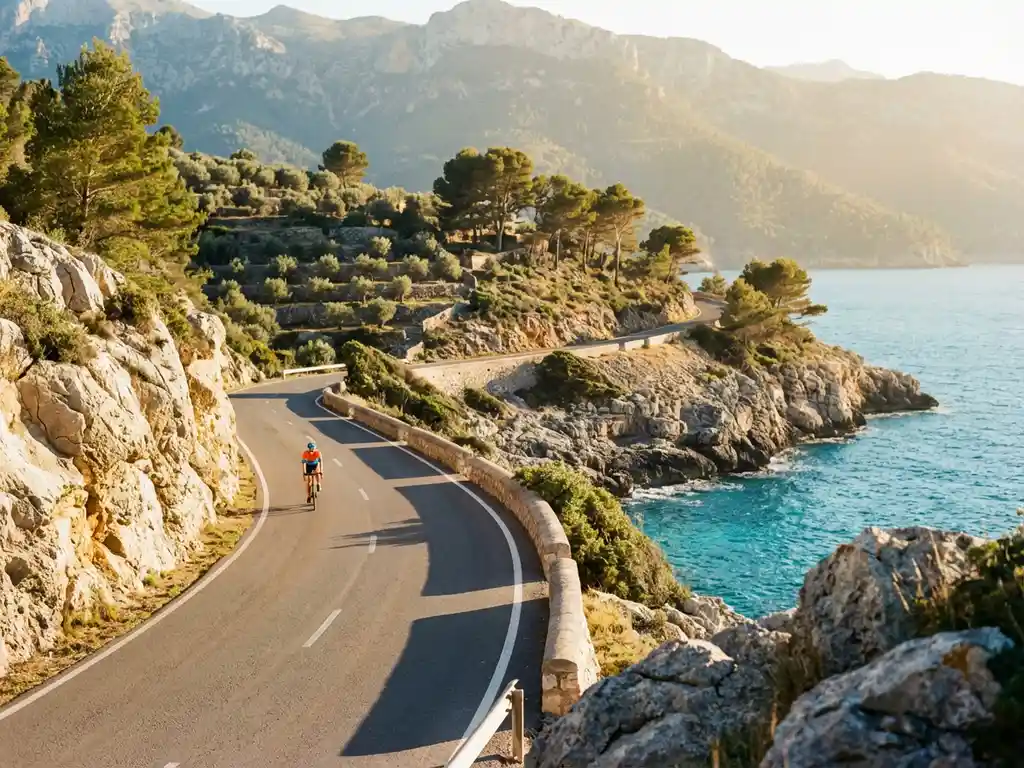 Road cyclist in bright gear pedaling along winding coastal road through golden limestone cliffs above turquoise Mediterranean Sea in Mallorca