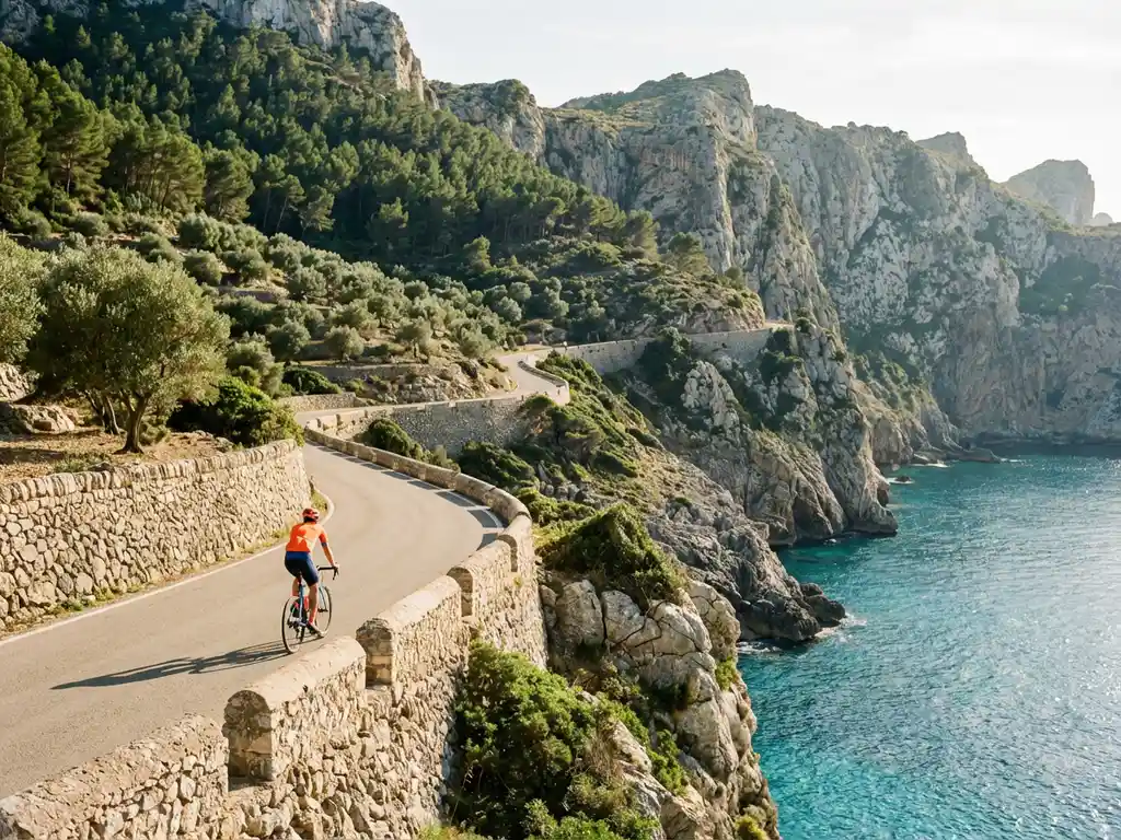 Cyclist in bright gear riding coastal road through limestone cliffs above turquoise Mediterranean Sea in Mallorca