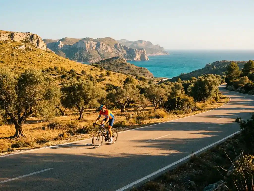 Road cyclist in bright gear pedaling along winding coastal road through golden Mediterranean hills with olive groves and sea views