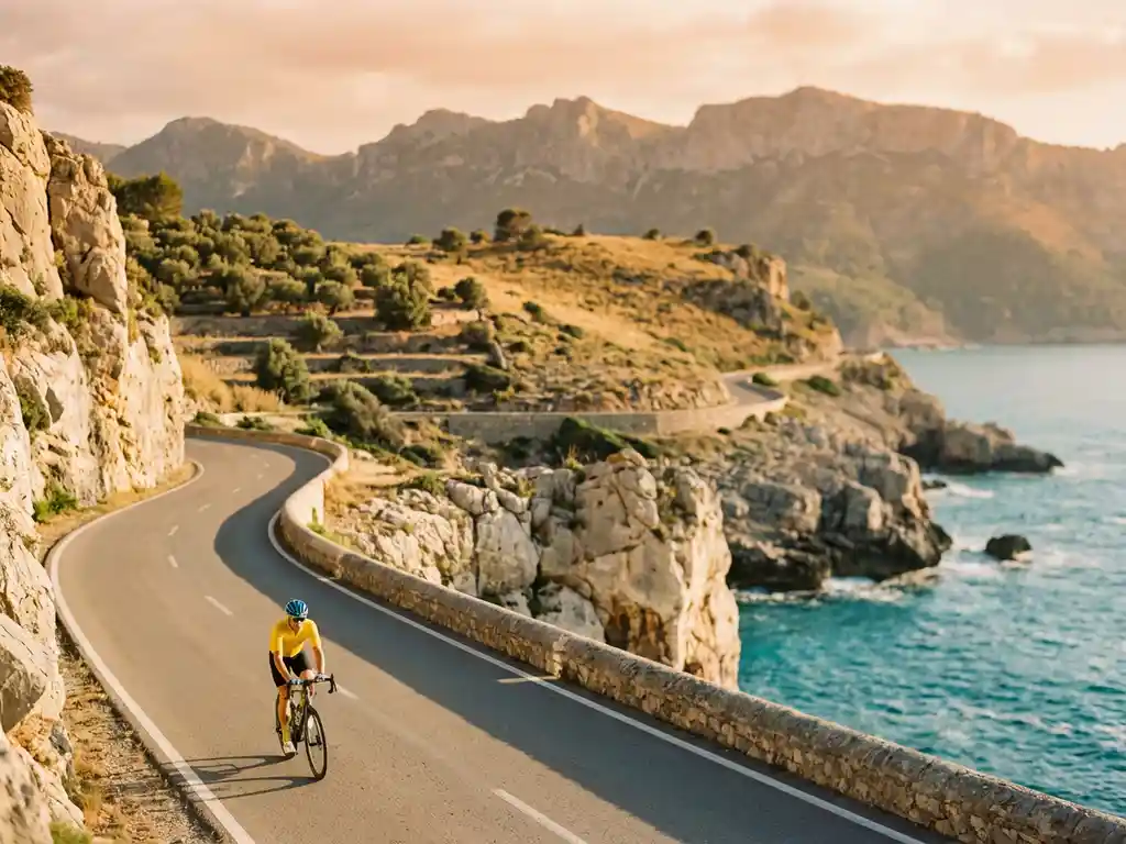 Cyclist in bright gear riding coastal road through limestone cliffs above turquoise Mediterranean Sea with mountains behind