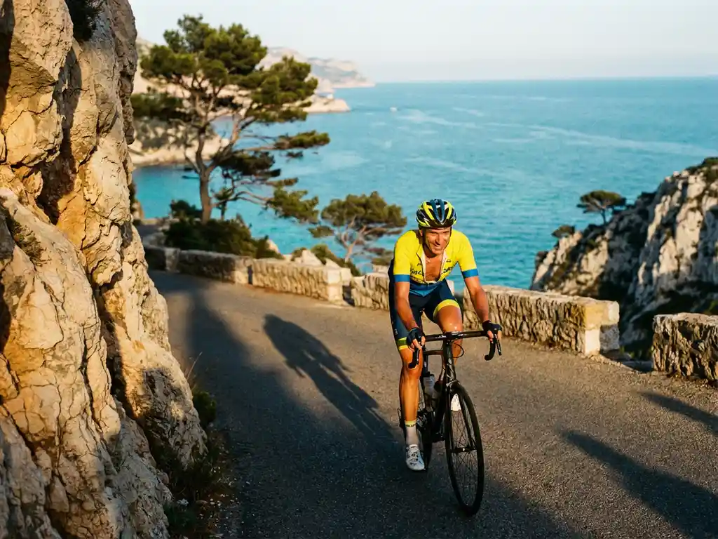 Cyclist in bright athletic gear riding coastal road along dramatic limestone cliffs above turquoise Mediterranean waters in Mallorca