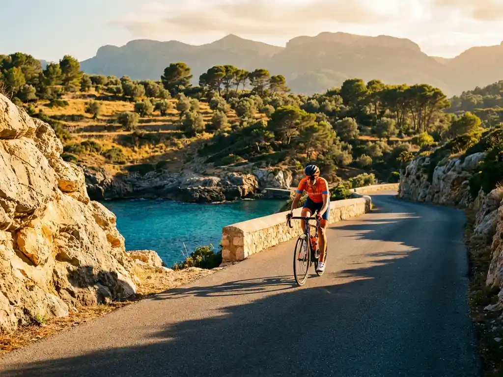 Cyclist in bright gear pedaling along winding coastal road through limestone cliffs above turquoise Mediterranean Sea in Mallorca