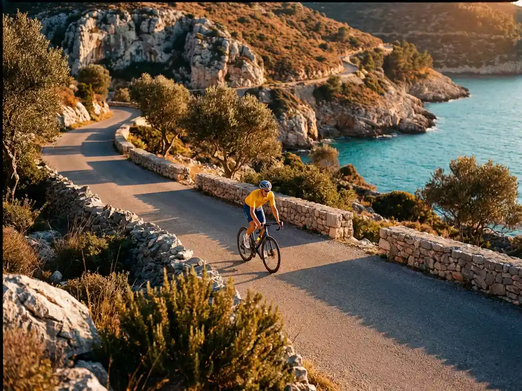 Fietser in heldere kleding klimt kustweg door kalkstenen kliffen boven turquoise Middellandse Zee, Mallorca