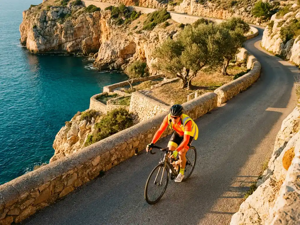 Professional cyclist in bright safety gear riding coastal road along dramatic limestone cliffs above turquoise Mediterranean waters in Mallorca