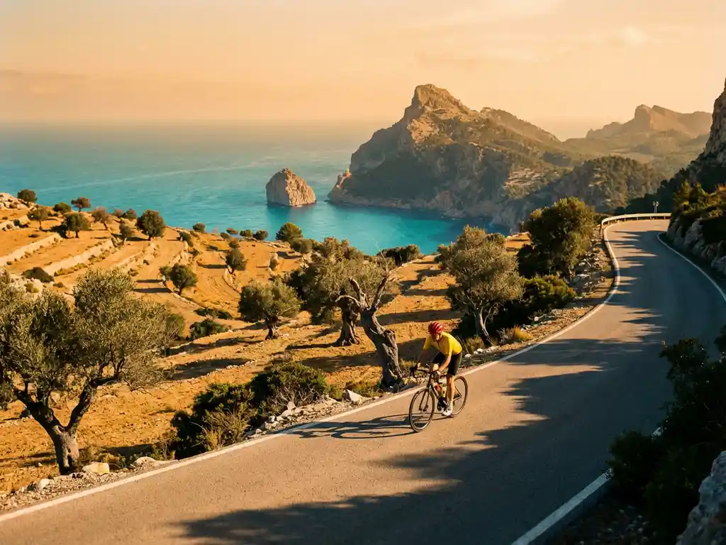 Cyclist in bright gear riding coastal road through golden Mediterranean hills with olive trees and limestone cliffs, Mallorca