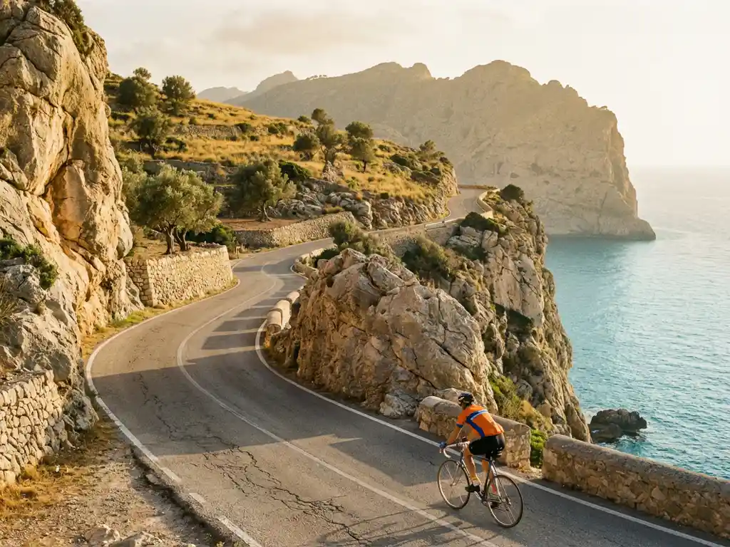 Cyclist in bright gear pedaling coastal road through limestone cliffs above turquoise Mediterranean Sea in Mallorca