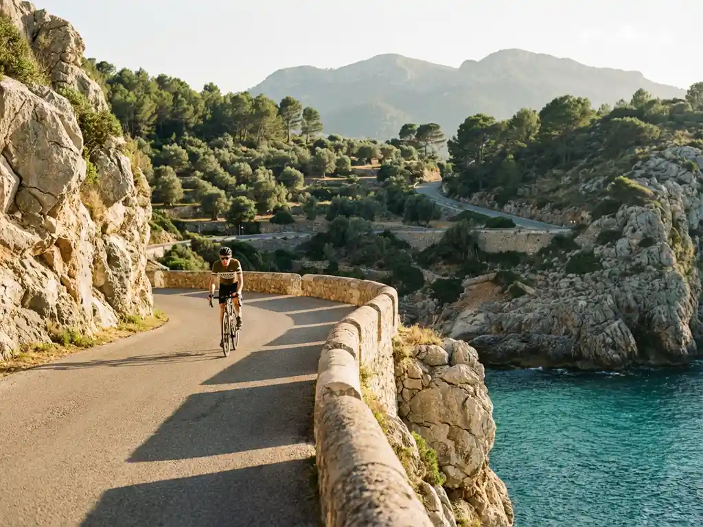 Cyclist riding on winding coastal road along Mediterranean limestone cliffs with turquoise sea and olive groves in Mallorca