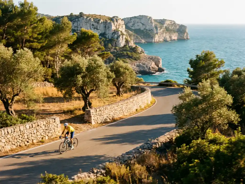 Cyclist in bright gear pedaling along winding coastal road through limestone cliffs overlooking turquoise Mediterranean Sea