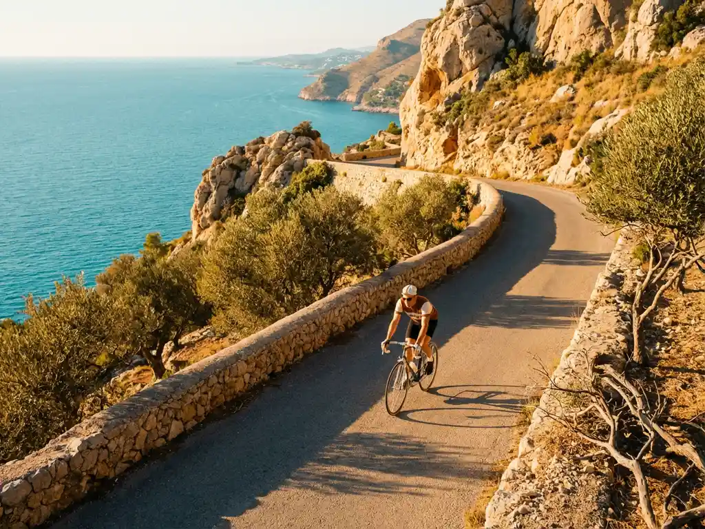 Cyclist riding along dramatic Mediterranean coastal road with limestone cliffs, turquoise sea, and olive groves in Mallorca