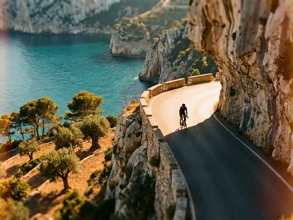Cyclist riding along dramatic Mediterranean coastal road with limestone cliffs, turquoise waters, and golden sunlight in Mallorca