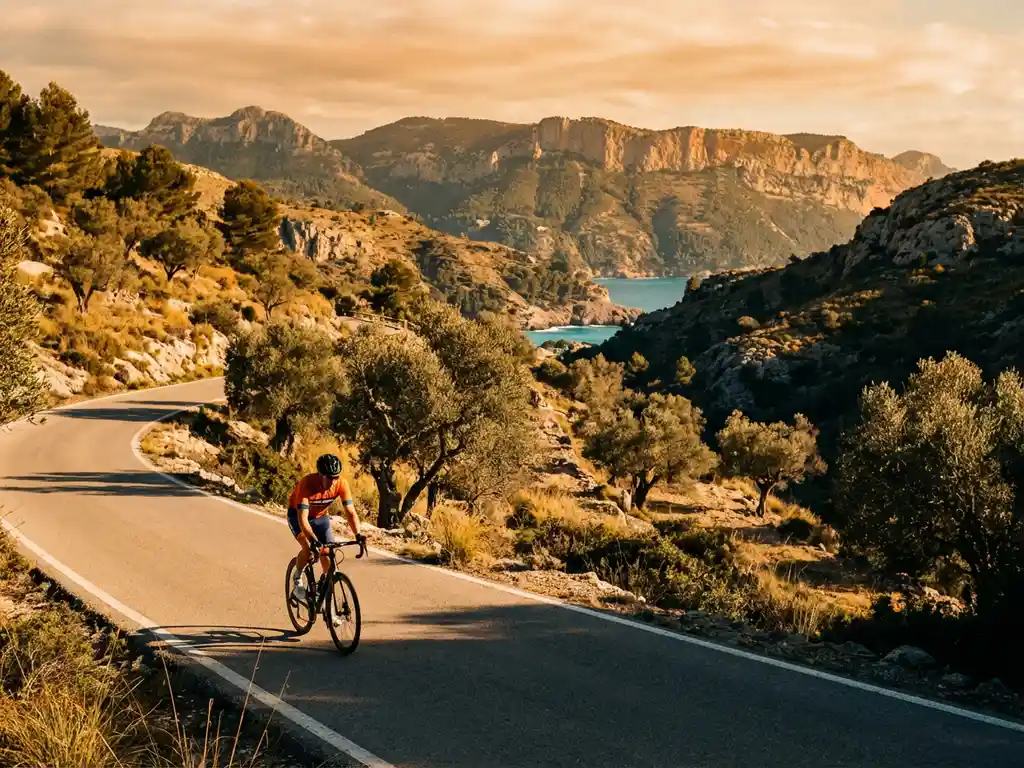 Cyclist in bright gear riding winding coastal road through golden Mediterranean hillsides with olive trees and sea views