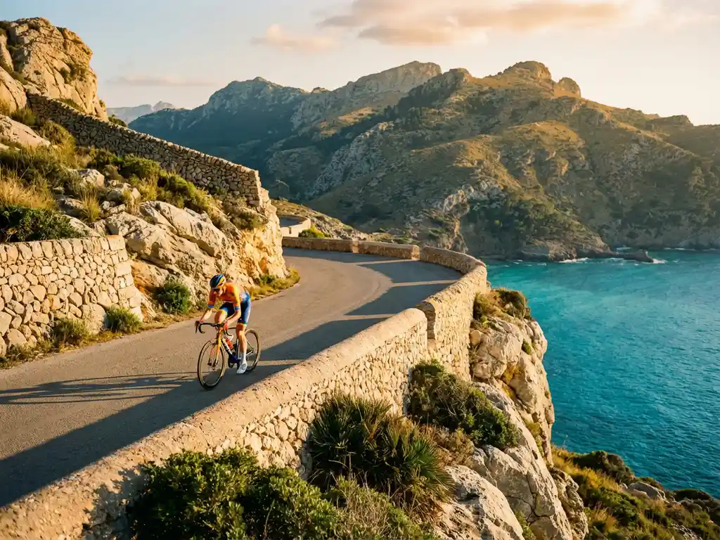 Professional cyclist riding coastal road through Serra de Tramuntana mountains, Mallorca, with limestone cliffs and Mediterranean sea.