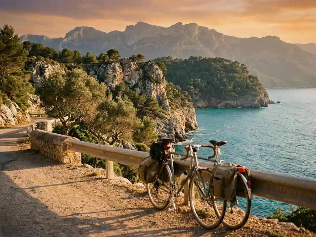 Tourenrad mit Packtaschen an mediterraner Küstenstraße vor Tramuntana-Bergen und türkisem Meer auf Mallorca