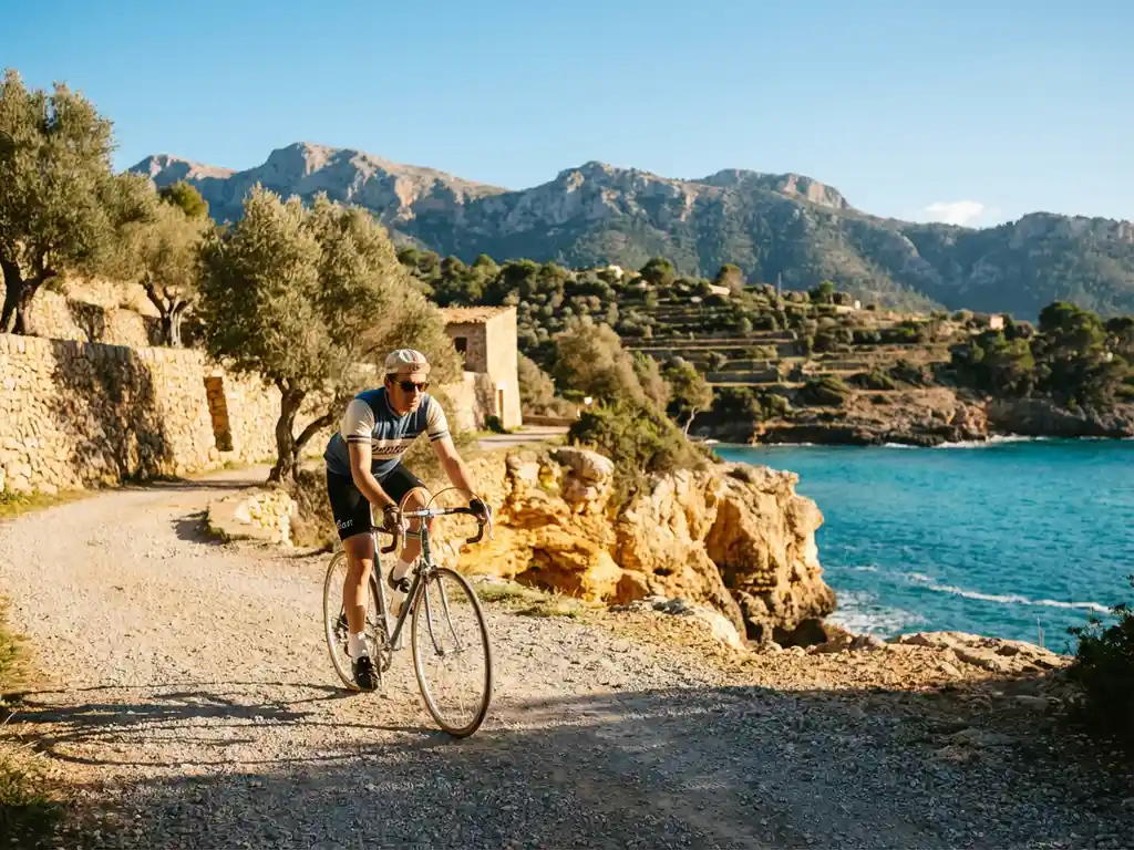 Fietser op kustpad langs turquoise Middellandse Zee met Tramuntana bergen en olijfgaarden op Mallorca