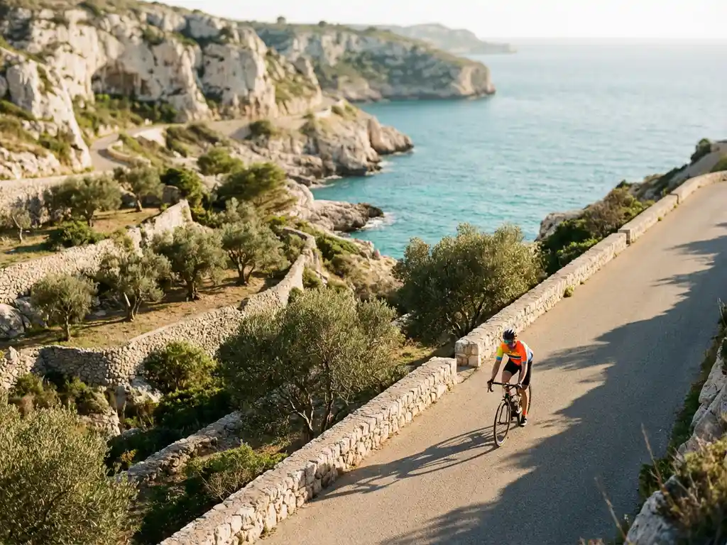 Wielrenner in felgekleurde sportkleding fietst langs kronkelende kustweg op kliffen boven turquoise Middellandse Zee op Mallorca