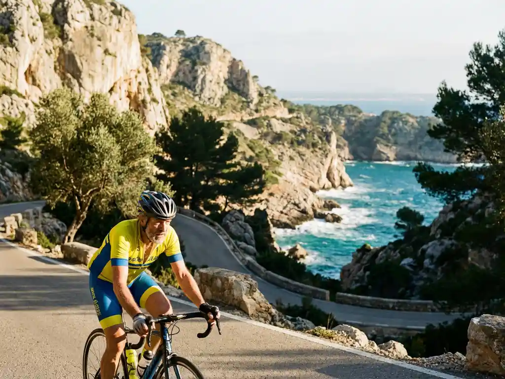 Fietser in felle kleding rijdt langs kustweg op kliffen van Mallorca met turquoise Middellandse Zee op de achtergrond