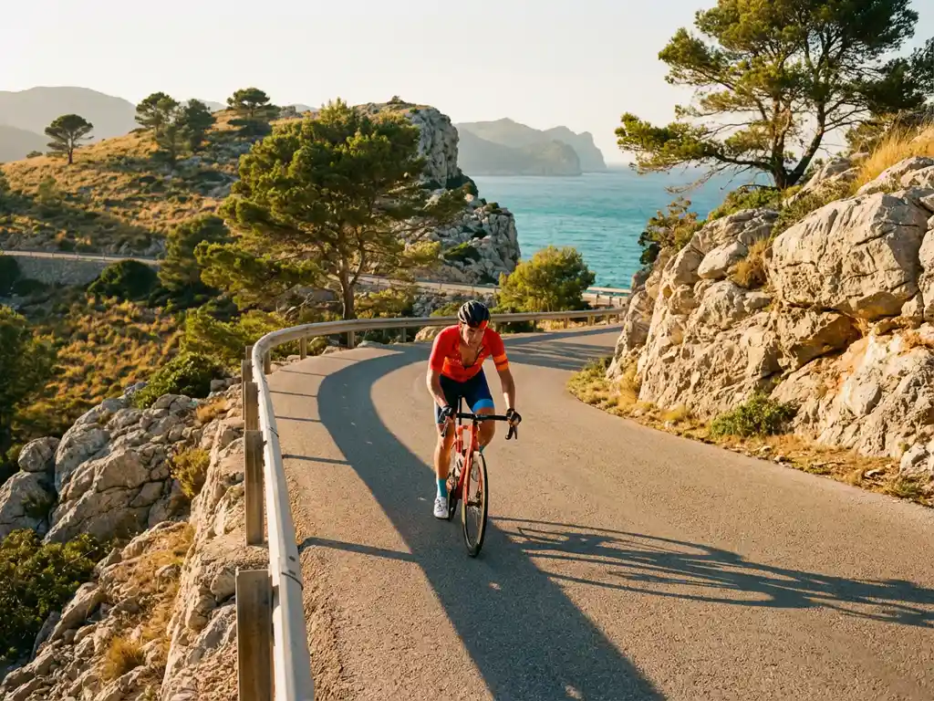 Wielrenner in sportkleding fietst langs kronkelende kustweg met kalkstenen kliffen en Middellandse Zee op Mallorca