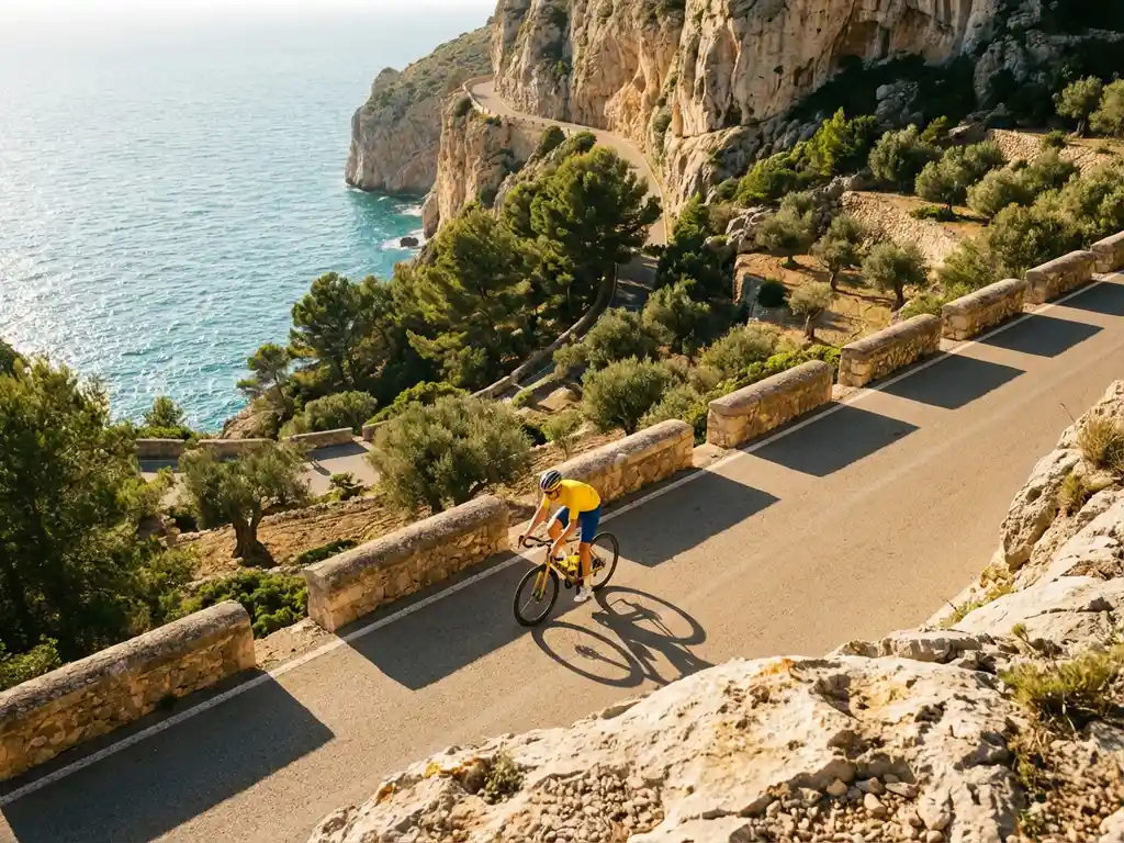 Wielrenner in sportkleding fietst op kustweg langs dramatische kliffen boven de turquoise Middellandse Zee op Mallorca