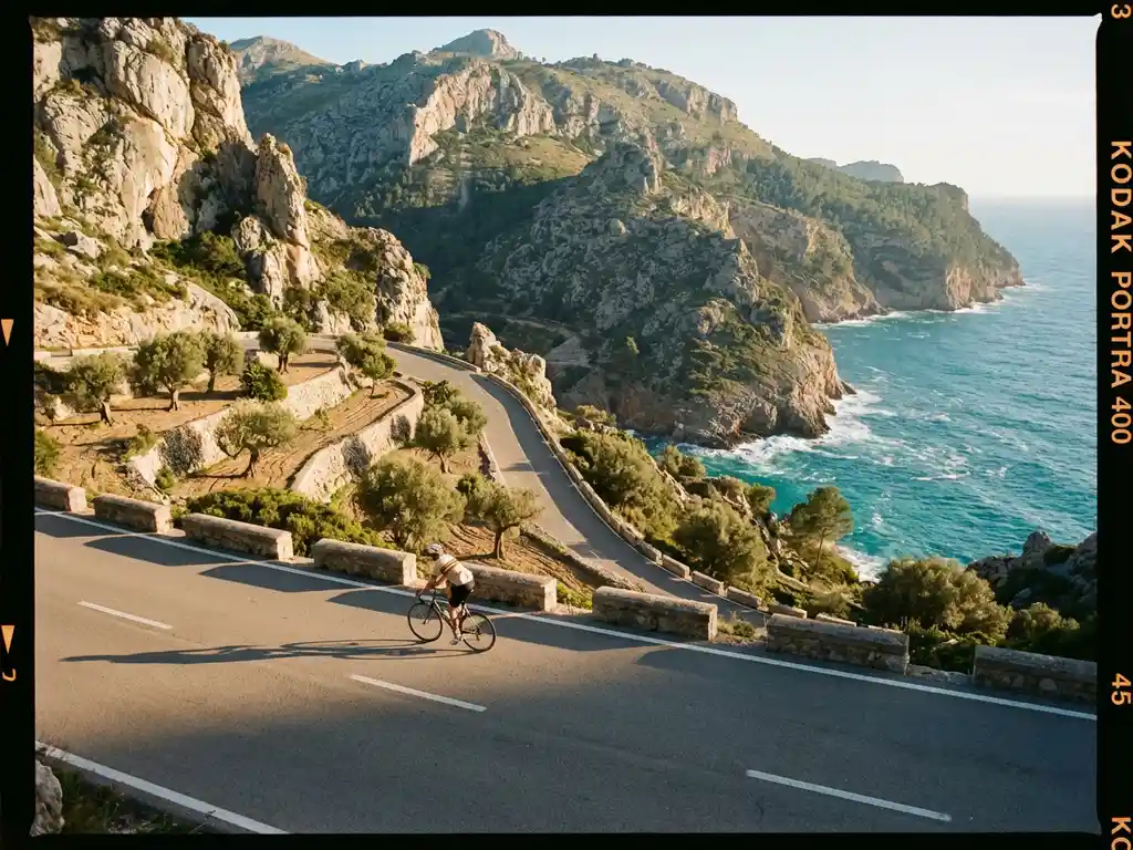 Fietser op kronkelende kustweg langs kliffen van Serra de Tramuntana, Mallorca, met turquoise Middellandse Zee op achtergrond