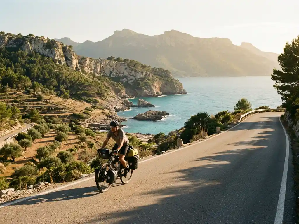 Fietser met bagage rijdt langs kustweg Mallorca met Middellandse Zee en Serra de Tramuntana bergen op achtergrond