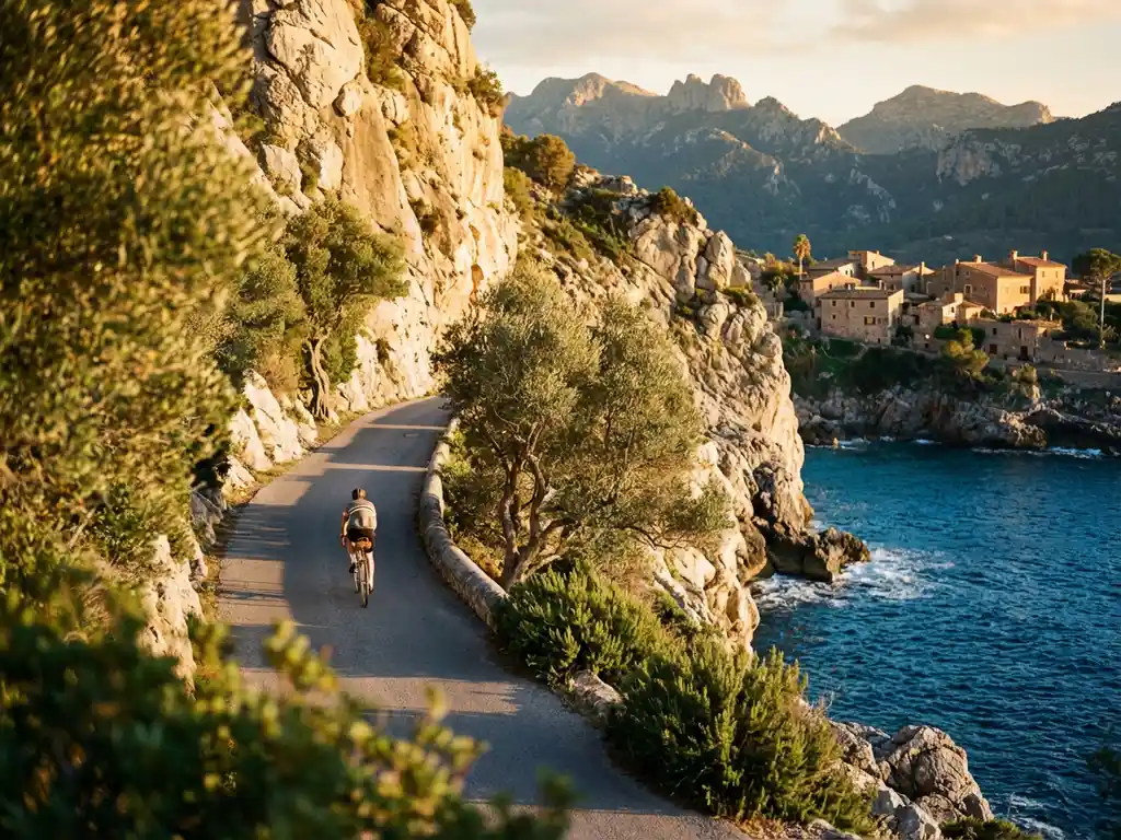 Wielrenner op kronkelende kustweg langs kliffen met Middellandse Zee en Tramuntana bergen op Mallorca