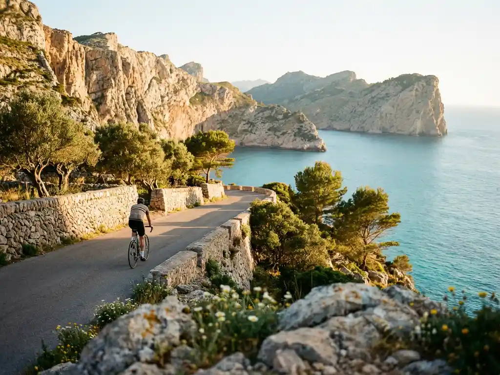 Fietser op kronkelende kustweg langs kliffen van Mallorca met turquoise Middellandse Zee en Tramuntana bergen op achtergrond