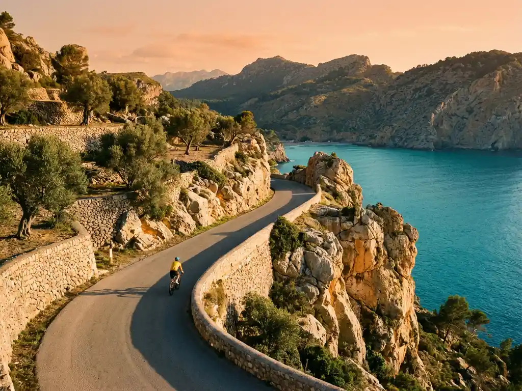 Wielrenner op kustweg langs Mallorcaanse kliffen met Tramuntana bergen en Middellandse Zee tijdens gouden uur