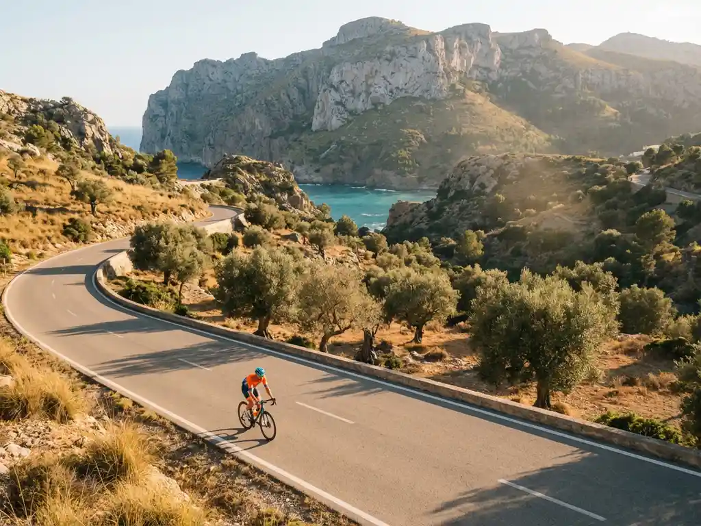 Wielrenner in kleurrijke kleding fietst op kustweg door gouden heuvels met olijfbomen, Tramuntana-bergen op achtergrond