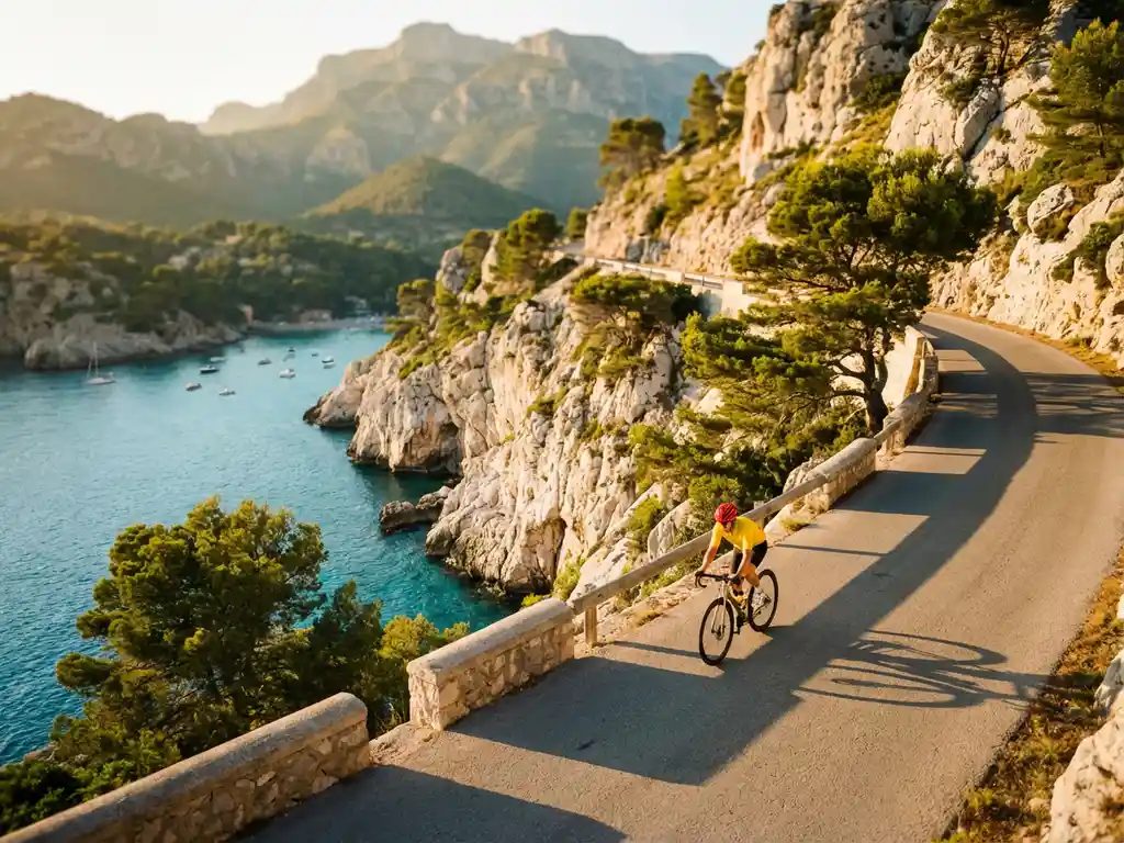 Wielrenner in felgekleurde kleding fietst langs kronkelende kustweg op Mallorcaanse kliffen boven turkooizen Middellandse Zee