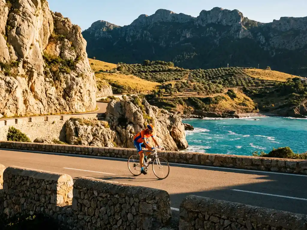 Wielrenner in sportkleding fietst langs kronkelende kustweg met kalksteenkliffen en Middellandse Zee op Mallorca