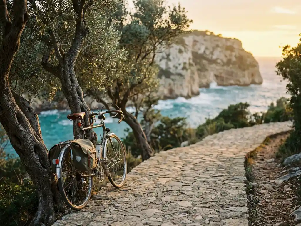 Fiets met pakdragers bij olijfbomen langs kustpad Mallorca met turkooizen Middellandse Zee en kalkstenen kliffen