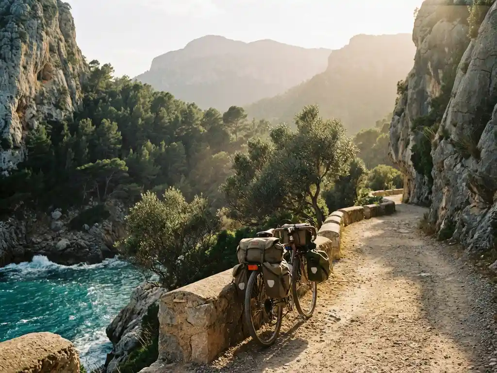 Fiets met tassen geparkeerd op kustpad langs kliffen van Mallorca met uitzicht op blauwe Middellandse Zee