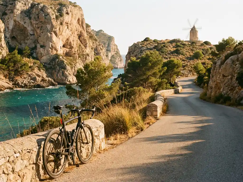 Racefiets op kustweg langs kliffen boven turkooizen Middellandse Zee met traditionele Mallorcaanse windmolen op heuvel
