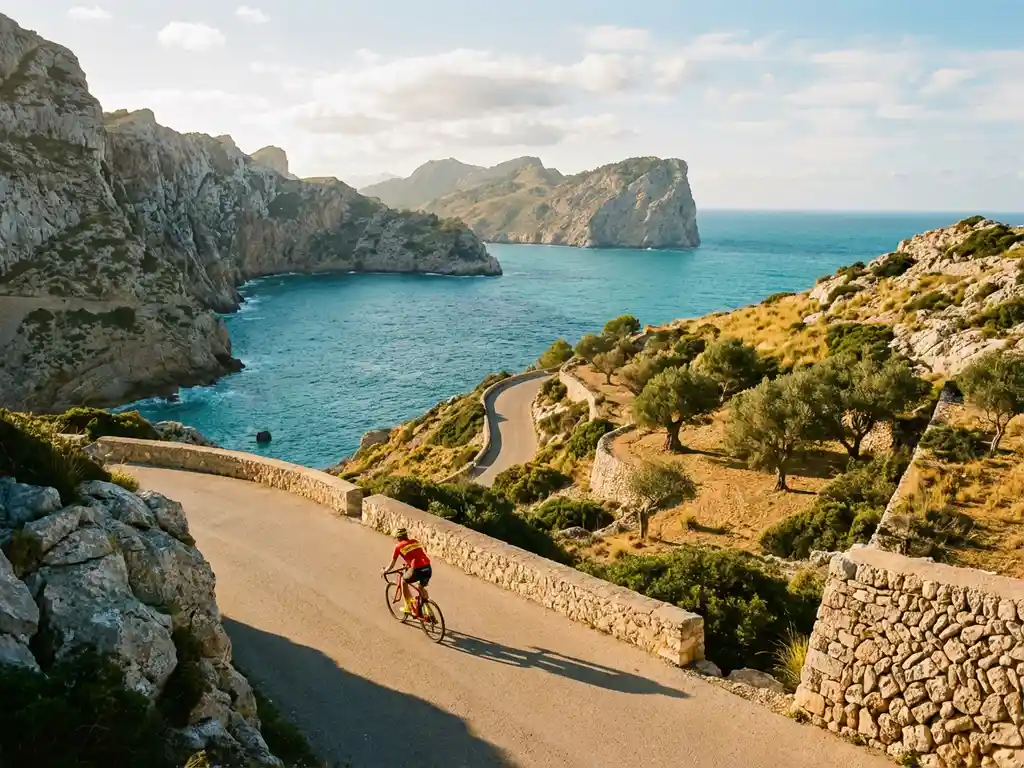 Radfahrer in leuchtender Sportkleidung auf kurvenreicher Küstenstraße entlang dramatischer Kalksteinklippen über türkisem Mittelmeer