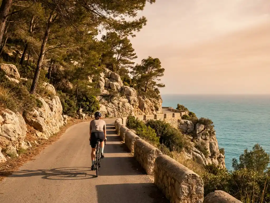 Cyclist riding along scenic Mallorca coastal road with limestone cliffs and turquoise Mediterranean Sea during golden hour