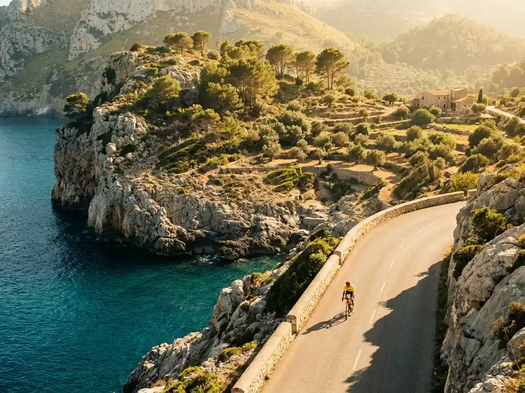 Cyclist in bright gear pedaling coastal road along dramatic limestone cliffs and turquoise Mediterranean waters in Mallorca
