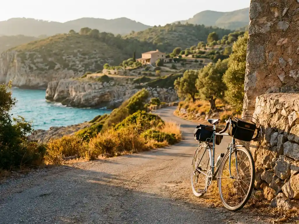Touring bicycle on scenic coastal road overlooking turquoise Mediterranean waters and golden hills in Mallorca, Spain.