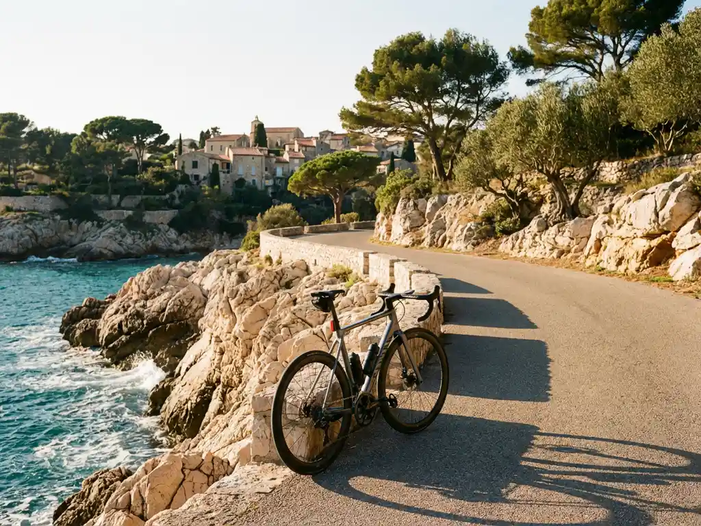 Road bicycle on coastal highway overlooking turquoise Mediterranean Sea with limestone cliffs and Mallorca villages