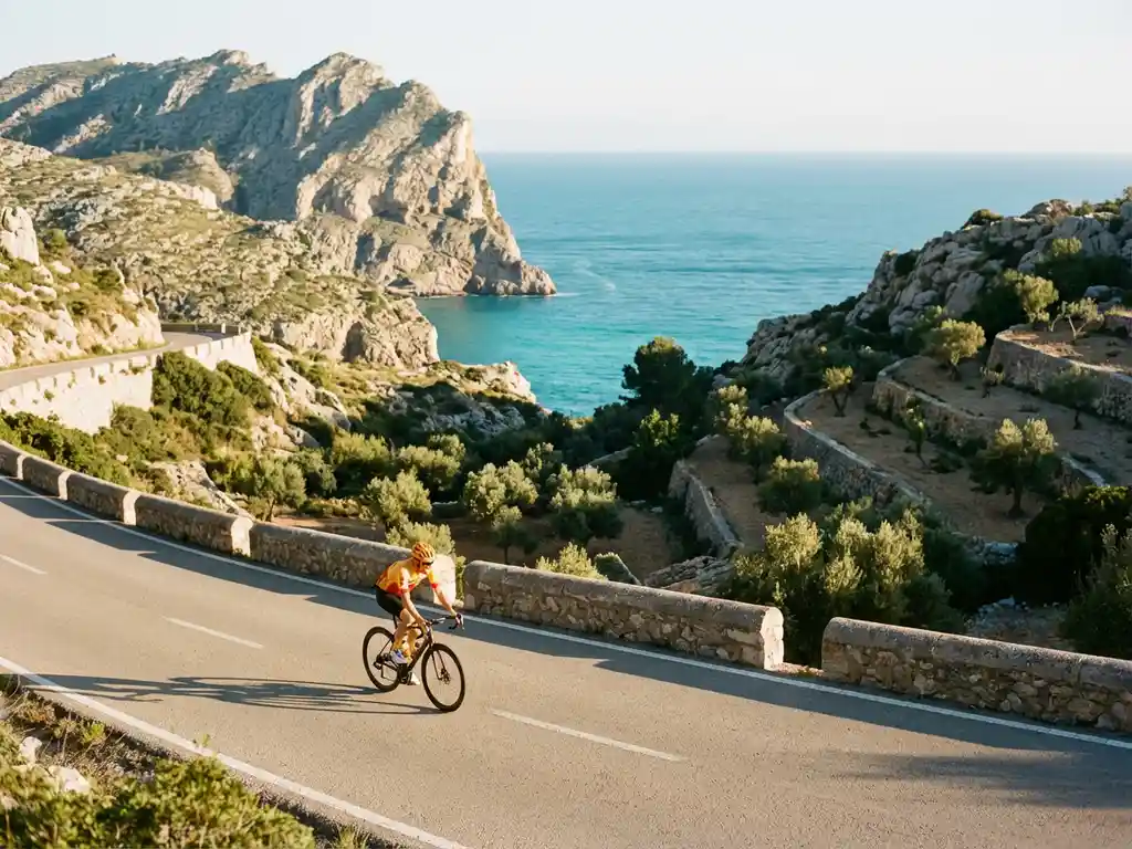 Cyclist in bright gear pedaling along winding coastal road through limestone cliffs above turquoise Mediterranean waters in Mallorca