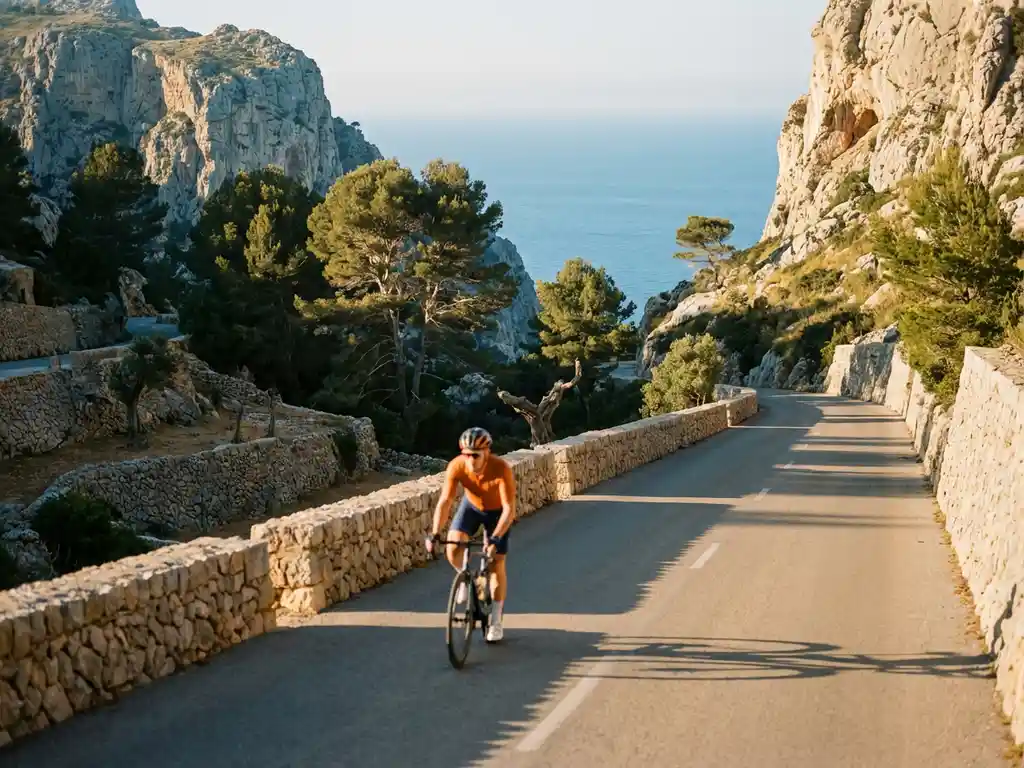 Road cyclist in bright gear pedaling up winding mountain road through dramatic limestone cliffs in Mallorca with sea view