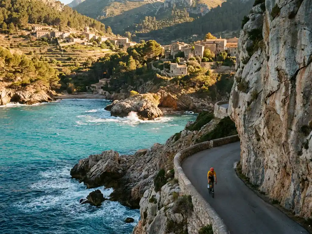 Cyclist in bright gear riding coastal road along Mallorca's dramatic limestone cliffs and turquoise Mediterranean waters