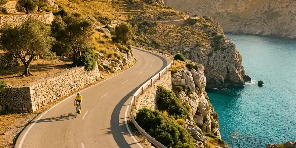 Wielrenner in sportkleding fietst langs dramatische kustweg door Mallorcaanse kliffen met Middellandse Zee op achtergrond