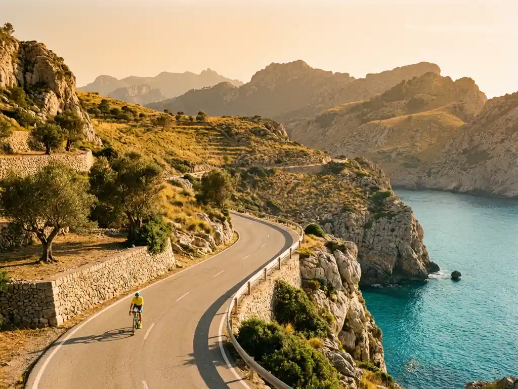 Wielrenner in sportkleding fietst langs dramatische kustweg door Mallorcaanse kliffen met Middellandse Zee op achtergrond