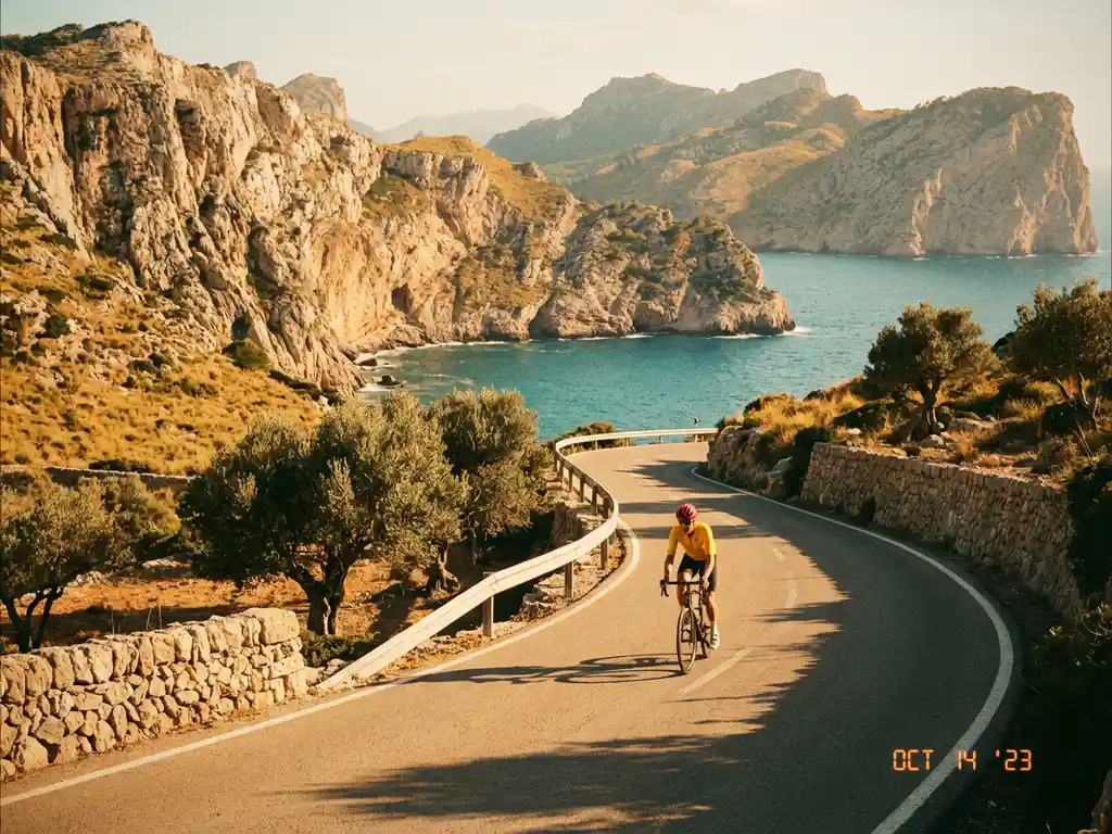 Wielrenner in felgekleurde kleding fietst langs kustweg door dramatische kliffen van Mallorca's Tramuntana gebergte