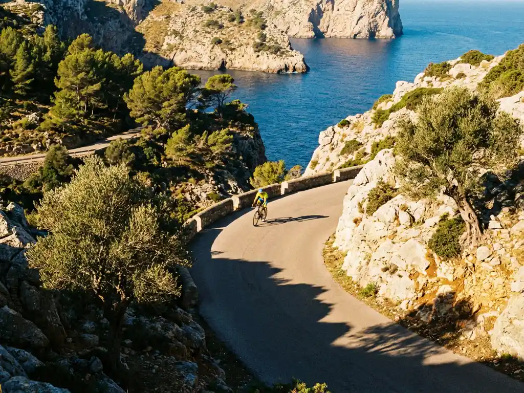 Wielrenner op kustweg door Serra de Tramuntana kliffen Mallorca met turquoise Middellandse Zee op achtergrond