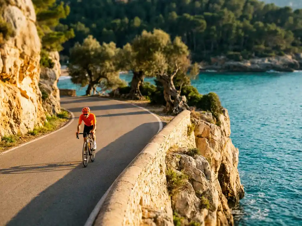 Fietser in sportkleding rijdt langs kustweg door kliffen van Serra de Tramuntana, Mallorca, met blauwe Middellandse Zee