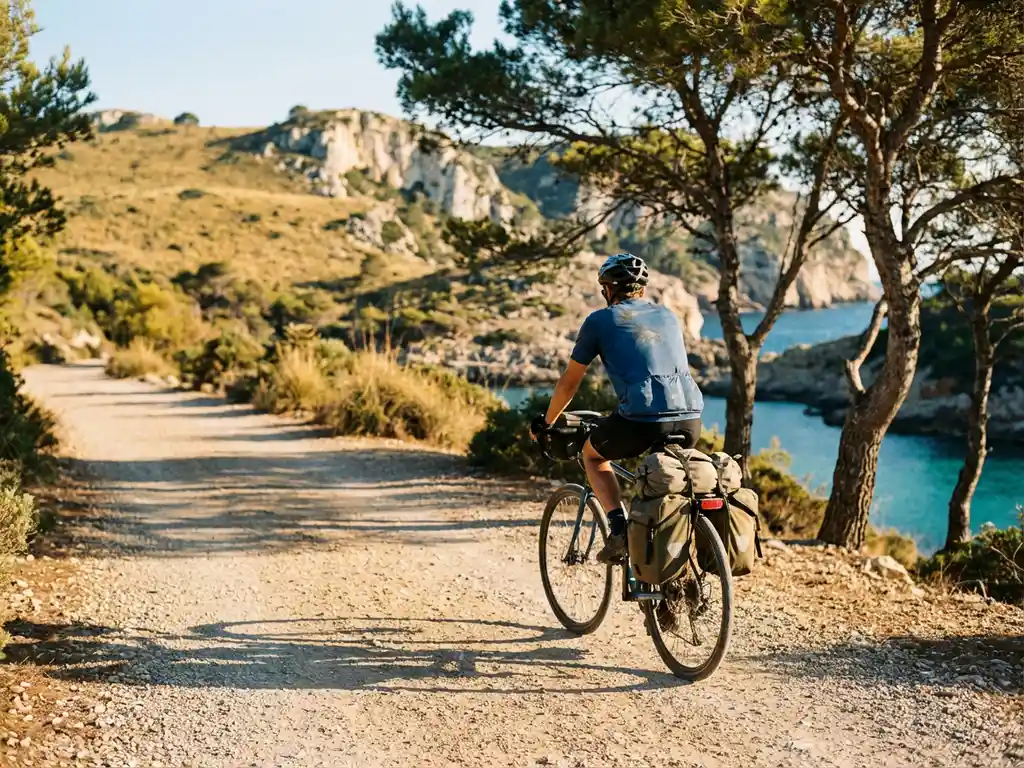 Fietser met tassen rijdt langs kustroute Mallorca met Serra de Tramuntana kliffen en turquoise zee op achtergrond
