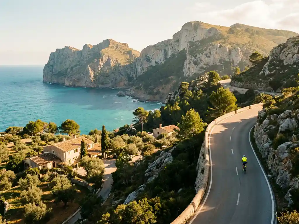 Radfahrer auf Küstenstraße in Mallorca mit Kalksteinklippen, türkisem Meer und traditionellen Fincas bei goldenem Sonnenlicht